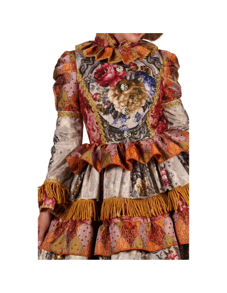 Robe Carnaval de Venise femme haut de gamme cuivré & doré – Col montant, galons & franges