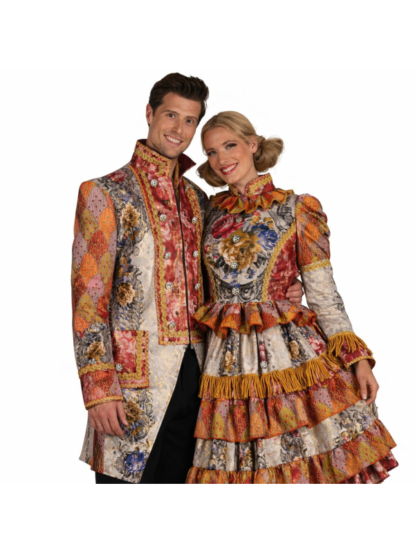 Robe Carnaval de Venise femme haut de gamme cuivré & doré – Col montant, galons & franges