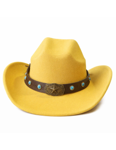 Bande décorative western pour chapeau cowboy – simili cuir brun, conchos turquoise & étoile métal