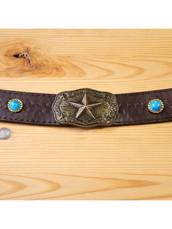 Bande décorative western pour chapeau cowboy – simili cuir brun, conchos turquoise & étoile métal