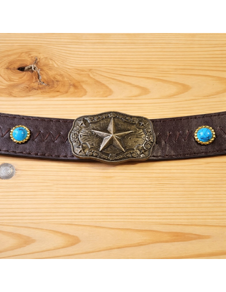 Bande décorative western pour chapeau cowboy – simili cuir brun, conchos turquoise & étoile métal