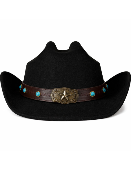 Bande décorative western pour chapeau cowboy – simili cuir brun, conchos turquoise & étoile métal
