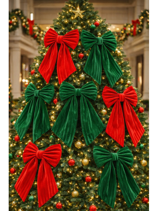 Nœud velours Rouge ou Vert – 45 × 60 cm – Décoration de Noël élégante pour sapin, porte & vitrine