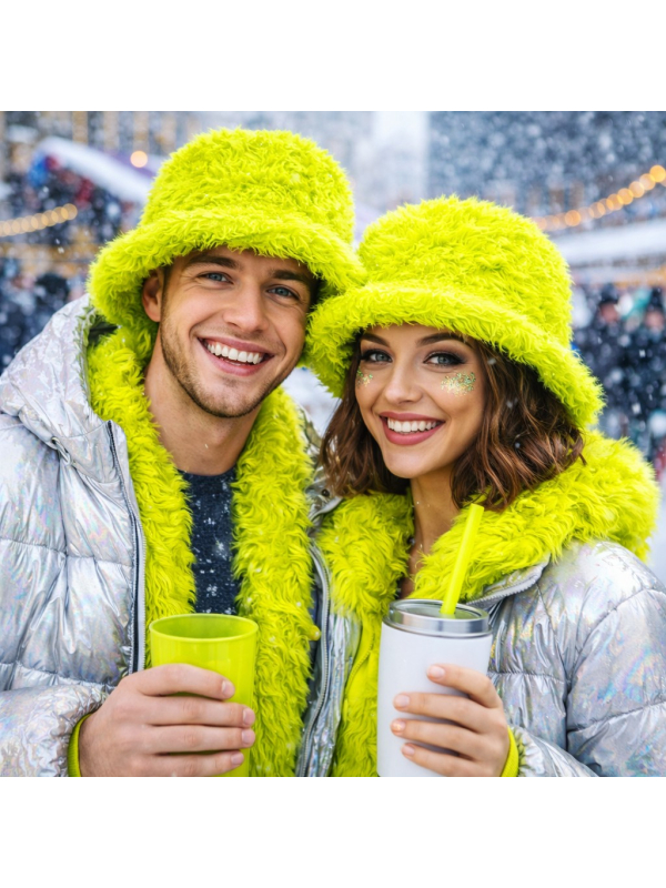 Chapeau peluche fluo adulte – Bob ultra-doux  jaune fluo