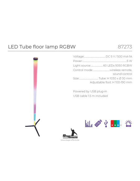 Lampe tube LED RGBW sur pied – Effet festival & ambiance – Télécommande + USB