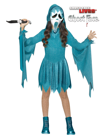 Déguisement enfant Scream Ghost Face® turquoise – Robe à capuche scintillante + masque (Fun World)
