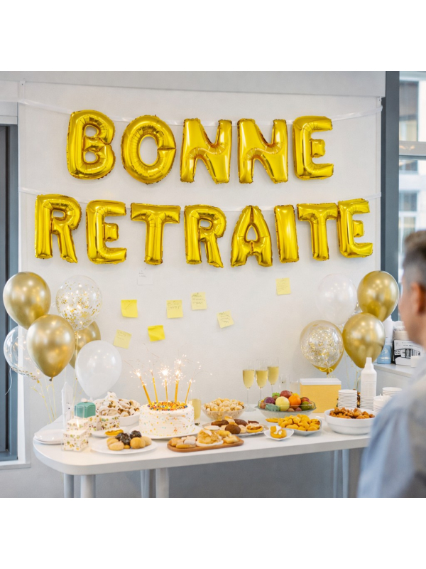 Ballons lettres “BONNE RETRAITE” Or – Guirlande ballon XXL pour pot de départ