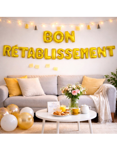 Ballons lettres “BON RÉTABLISSEMENT” Or – Déco sortie d’hôpital & retour à la maison