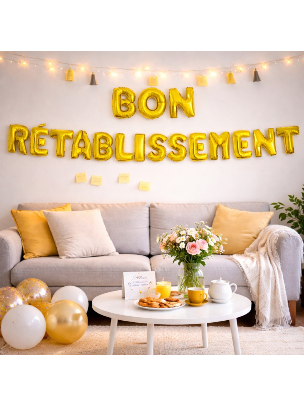 Ballons lettres “BON RÉTABLISSEMENT” Or – Déco sortie d’hôpital & retour à la maison