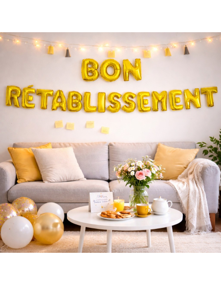 Ballons lettres “BON RÉTABLISSEMENT” Or – Déco sortie d’hôpital & retour à la maison