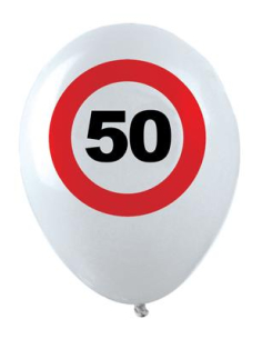 Ballons anniversaire 50 ans – Lot de 12 ballons blancs Ø 30 cm (air ou hélium) style panneau “50” 2