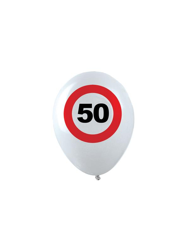 Ballons anniversaire 50 ans – Lot de 12 ballons blancs Ø 30 cm (air ou hélium) style panneau “50”