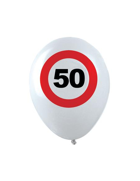 Ballons anniversaire 50 ans – Lot de 12 ballons blancs Ø 30 cm (air ou hélium) style panneau “50”