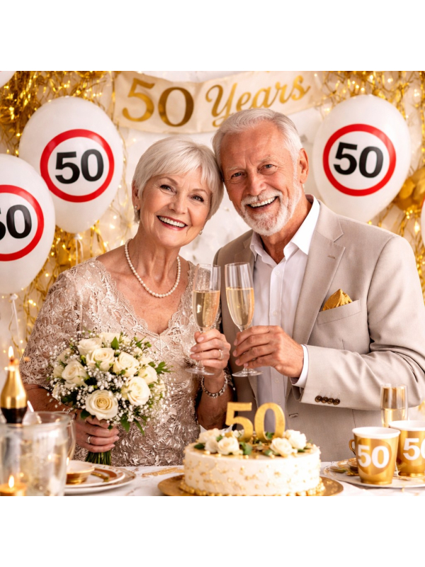 Ballons anniversaire 50 ans – Lot de 12 ballons blancs Ø 30 cm (air ou hélium) style panneau “50”