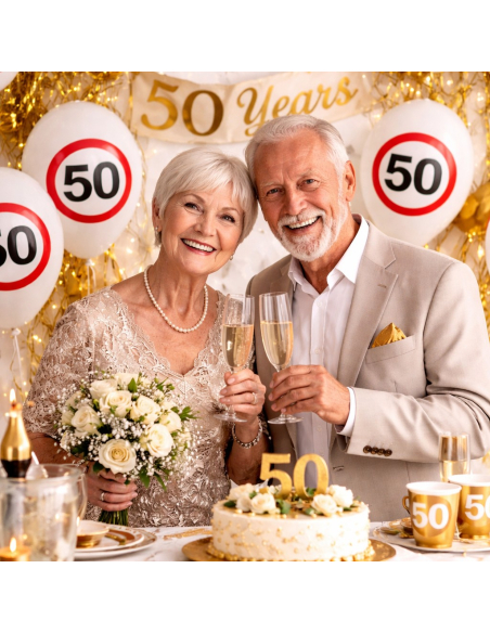 Ballons anniversaire 50 ans – Lot de 12 ballons blancs Ø 30 cm (air ou hélium) style panneau “50”