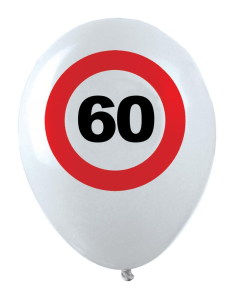 Ballons anniversaire 60 ans – Lot de 12 ballons blancs Ø 30 cm (air ou hélium) style panneau “60” 2