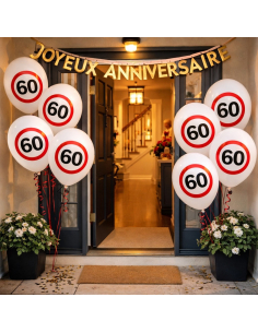 Ballons anniversaire 60 ans – Lot de 12 ballons blancs Ø 30 cm (air ou hélium) style panneau “60”