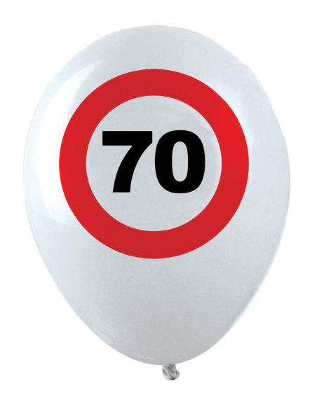 Ballons anniversaire 70 ans – Lot de 12 ballons blancs Ø 30 cm (air ou hélium) style panneau “70”