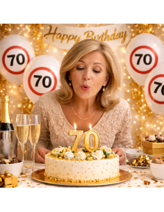 Ballons anniversaire 70 ans – Lot de 12 ballons blancs Ø 30 cm (air ou hélium) style panneau “70”