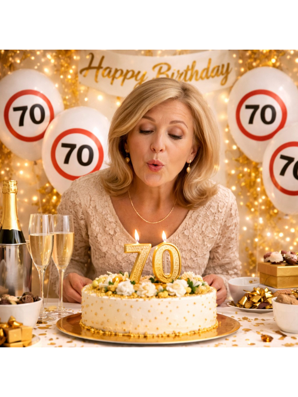 Ballons anniversaire 70 ans – Lot de 12 ballons blancs Ø 30 cm (air ou hélium) style panneau “70”