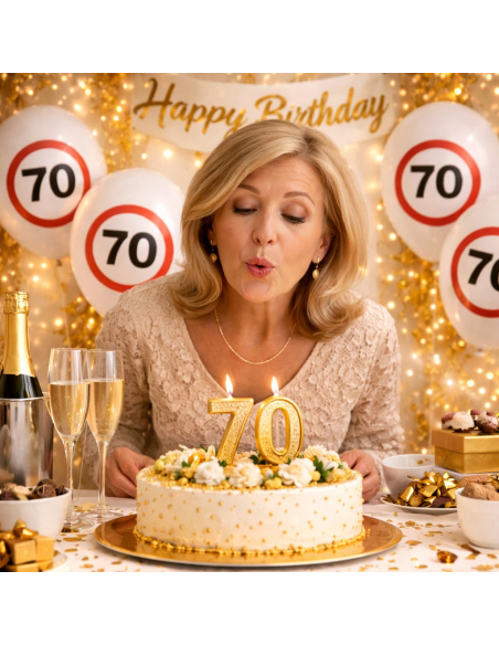 Ballons anniversaire 70 ans – Lot de 12 ballons blancs Ø 30 cm (air ou hélium) style panneau “70”