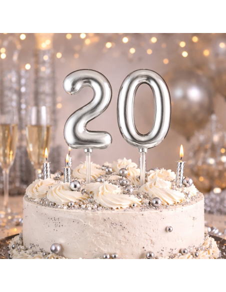 Topper gâteau d'anniversaire, chiffres argentés – 0 à 9 (vendu à l’unité)