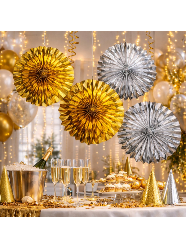 Lot de 6 rosaces argent ou doré en papier métallisé – 20, 30 et 40 cm