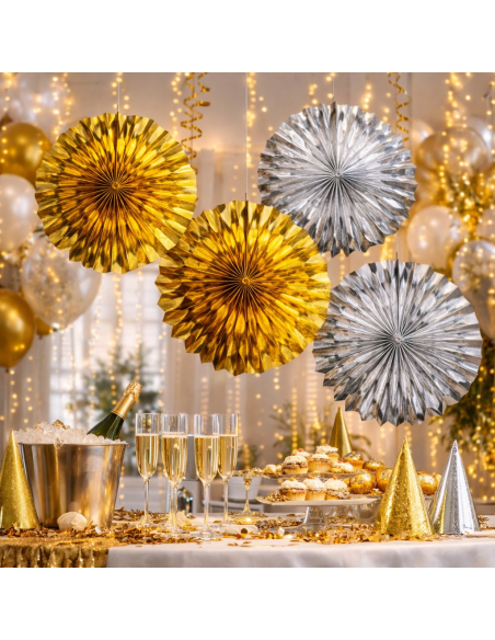 Lot de 6 rosaces argent ou doré en papier métallisé – 20, 30 et 40 cm