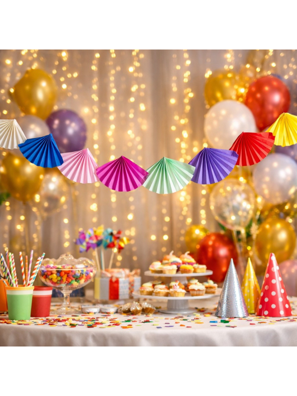 Guirlande éventails en papier multicolore 4,5 m – 18 éventails de 25 cm