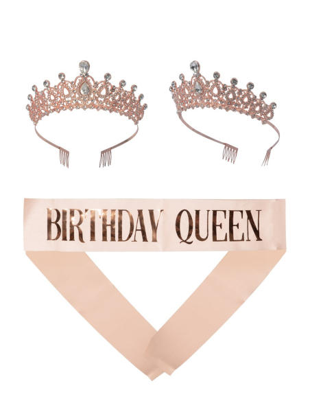 Set anniversaire femme rose gold – Diadème métal + écharpe “Birthday Queen”