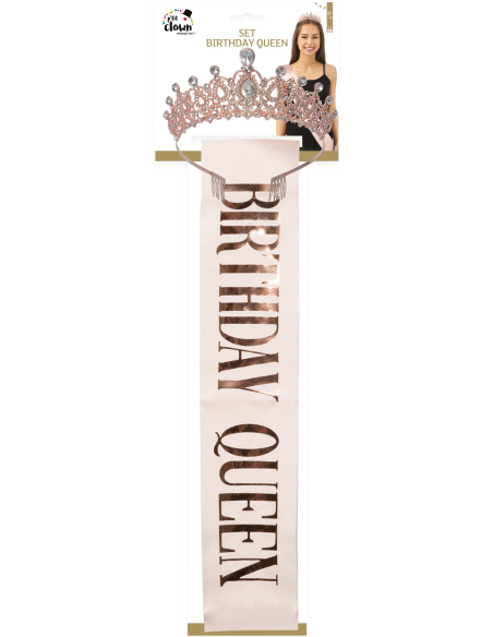 Set anniversaire femme rose gold – Diadème métal + écharpe “Birthday Queen”