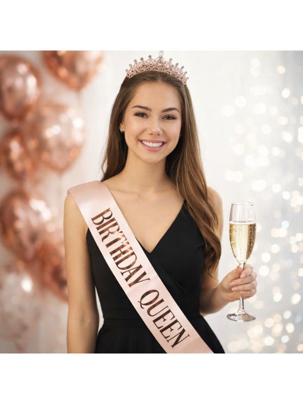 Set anniversaire femme rose gold – Diadème métal + écharpe “Birthday Queen”
