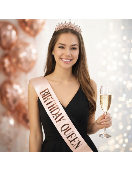 Set anniversaire femme rose gold – Diadème métal + écharpe “Birthday Queen”