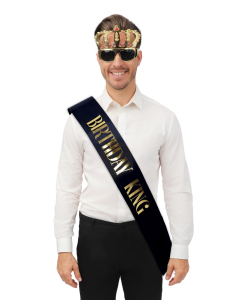 Set anniversaire homme noir et or : écharpe “Birthday King” + lunettes couronne 2