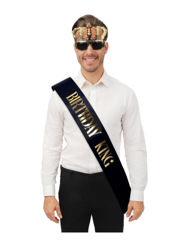 Set anniversaire homme noir et or : écharpe “Birthday King” + lunettes couronne