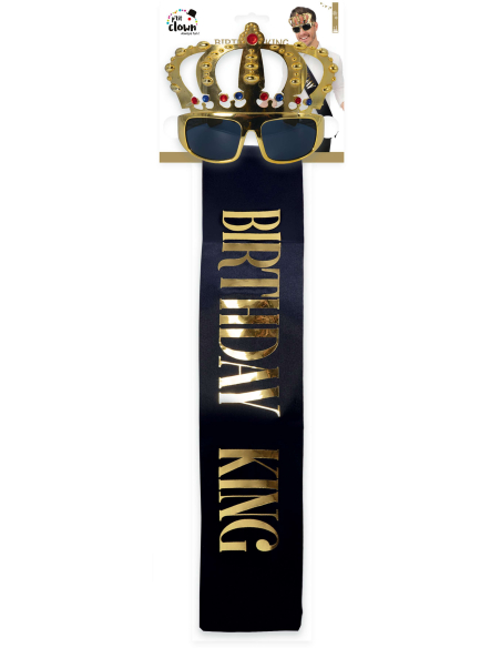 Set anniversaire homme noir et or : écharpe “Birthday King” + lunettes couronne