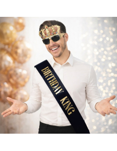 Set anniversaire homme noir et or : écharpe “Birthday King” + lunettes couronne