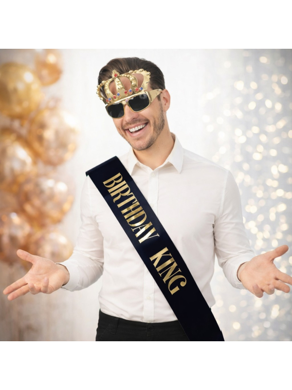 Set anniversaire homme noir et or : écharpe “Birthday King” + lunettes couronne