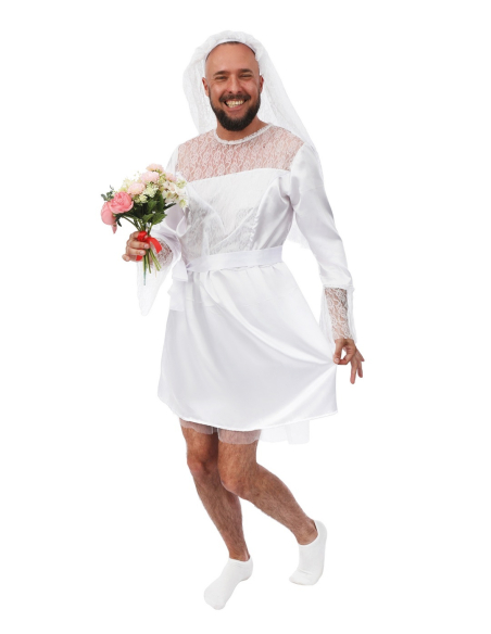 Déguisement mariée pour homme EVG : robe + voile, fou rire garanti