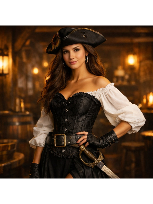 Corset noir de déguisement femme – Style victorien, pirate & steampunk (S/M – L/XL)