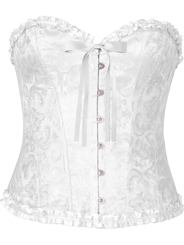 Corset blanc satiné à motifs – Bustier damassé avec volants (S à L)