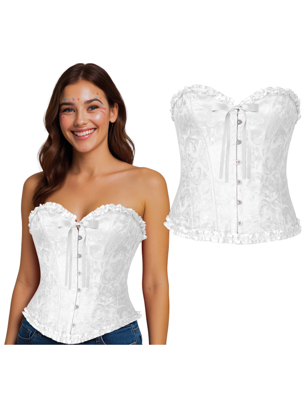 Corset blanc satiné à motifs – Bustier damassé avec volants (S à L)