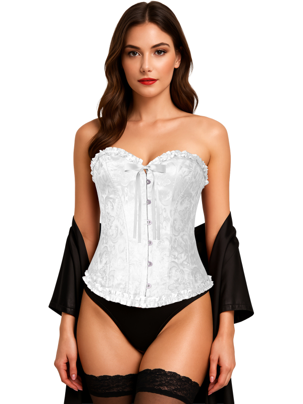 Corset blanc satiné à motifs – Bustier damassé avec volants (S à L)