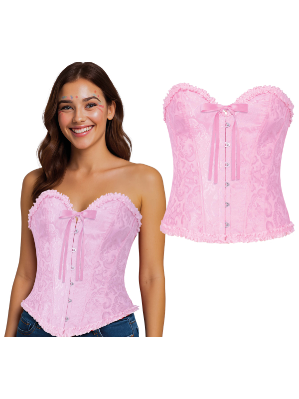 Corset rose satiné à motifs – Bustier damassé avec volants (S à L)