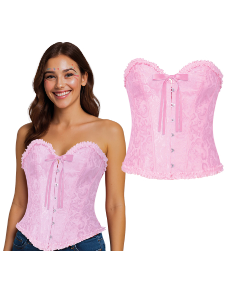 Corset rose satiné à motifs – Bustier damassé avec volants (S à L)