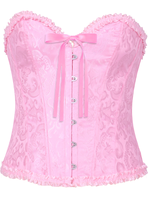 Corset rose satiné à motifs – Bustier damassé avec volants (S à L)