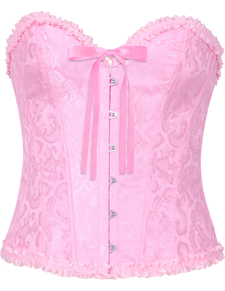Corset rose satiné à motifs – Bustier damassé avec volants (S à L)