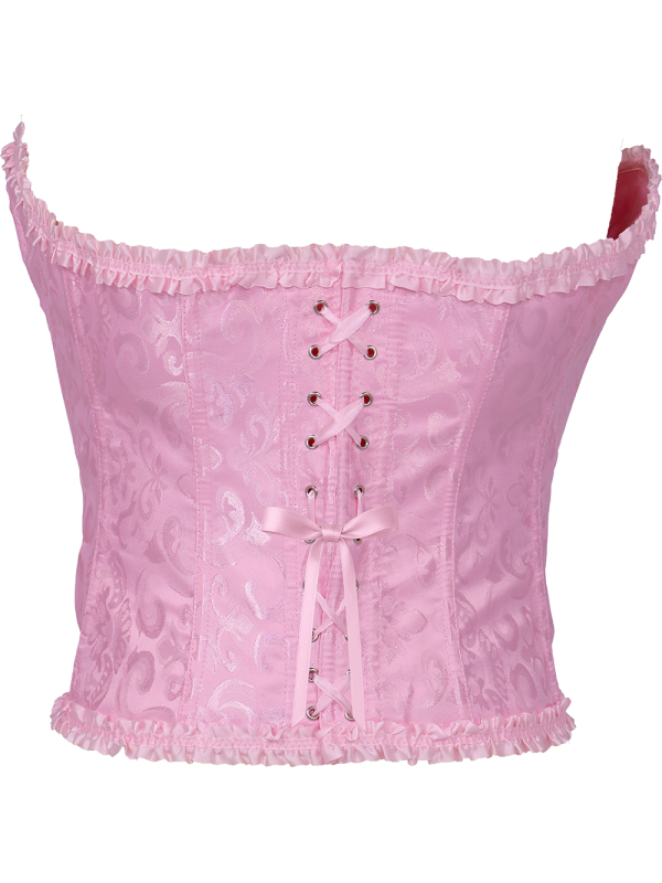 Corset rose satiné à motifs – Bustier damassé avec volants (S à L)