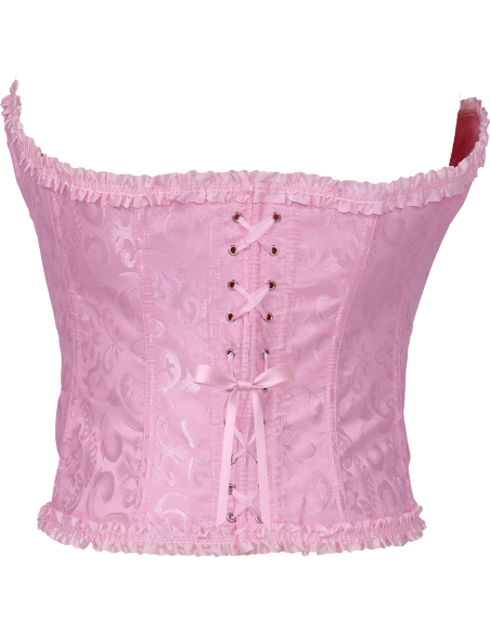Corset rose satiné à motifs – Bustier damassé avec volants (S à L)