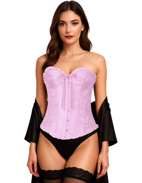 Corset rose satiné à motifs – Bustier damassé avec volants (S à L)